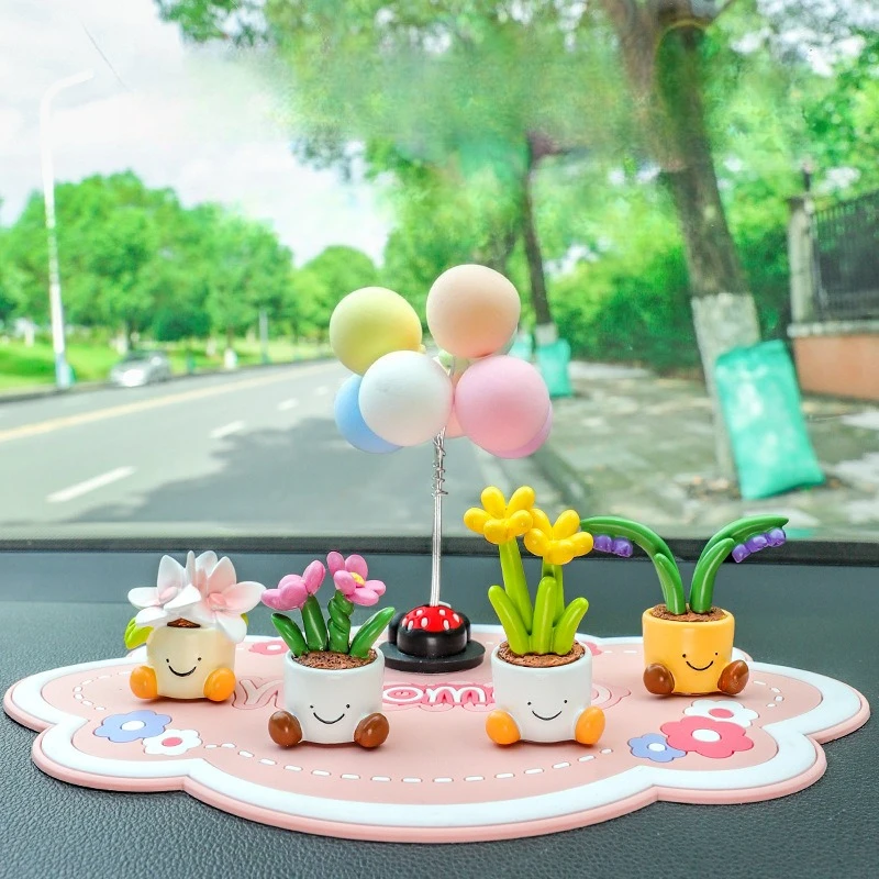 Cute Mini Potted Flower Car Dashboard Ornament High‑Sense Simulation Plant Auto Interior Women Decor Accessory