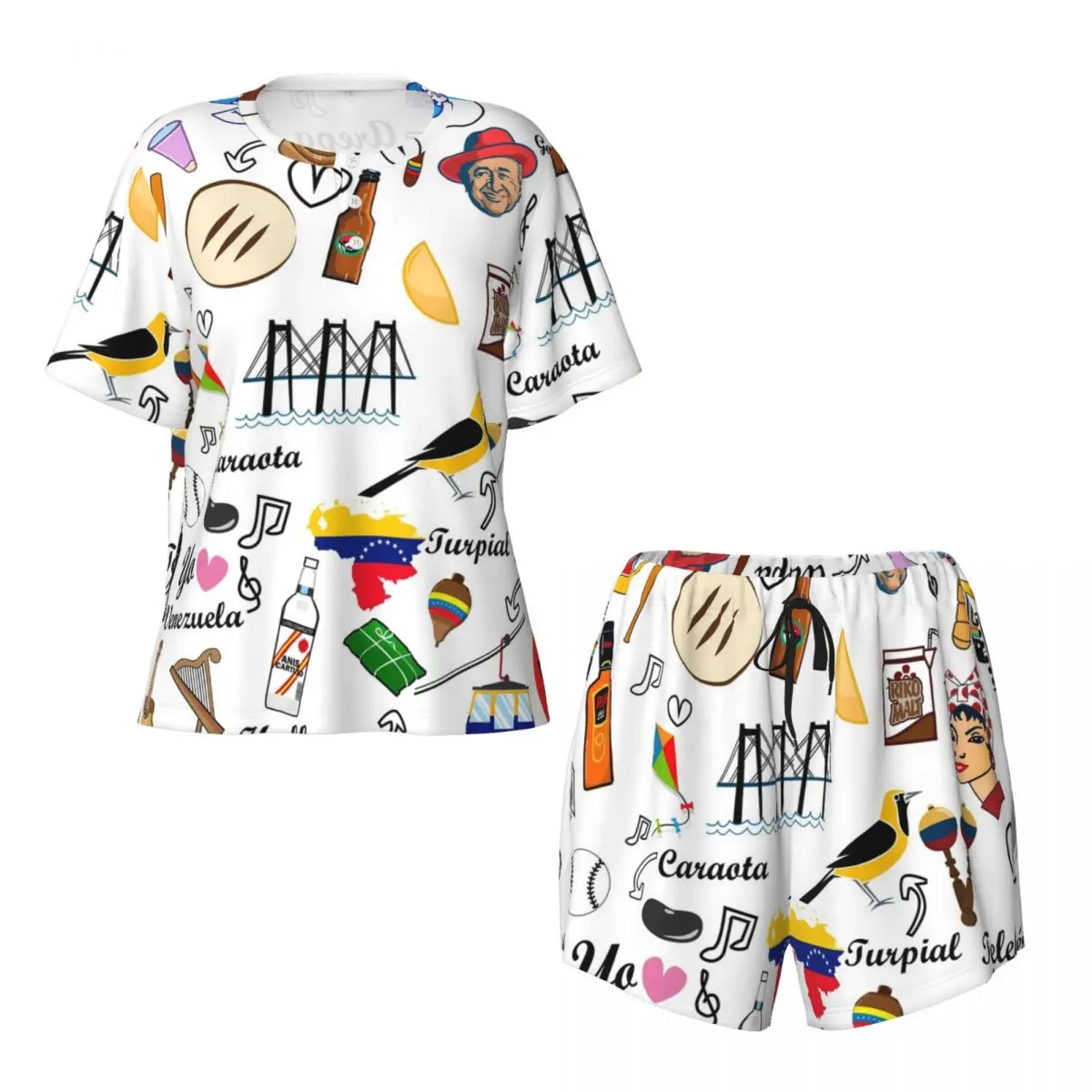 Venezuela Feelings Round Neck Short Sleeve Nightgowns for Sleeping Sleepshirts Women Loose Pajama Set Short Pants 3