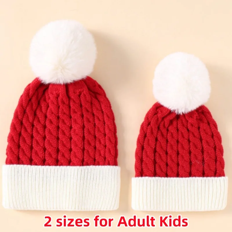 Dorosłe dzieci Świąteczna czapka z wełny Santa Winter Warm Crochet Beanies Skullcap Women Pompom Cap Bonnet New Year Party Xmas Gift 2 Size