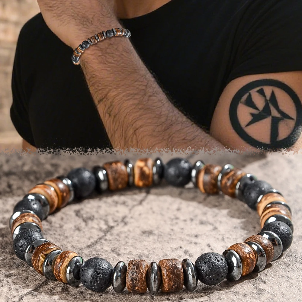 1-teiliges Herren-Perlenarmband, entworfen mit Holz-, Vulkanstein- und Metallperlen, elastisches Armband, geeignet für den täglichen Gebrauch – Detail 4