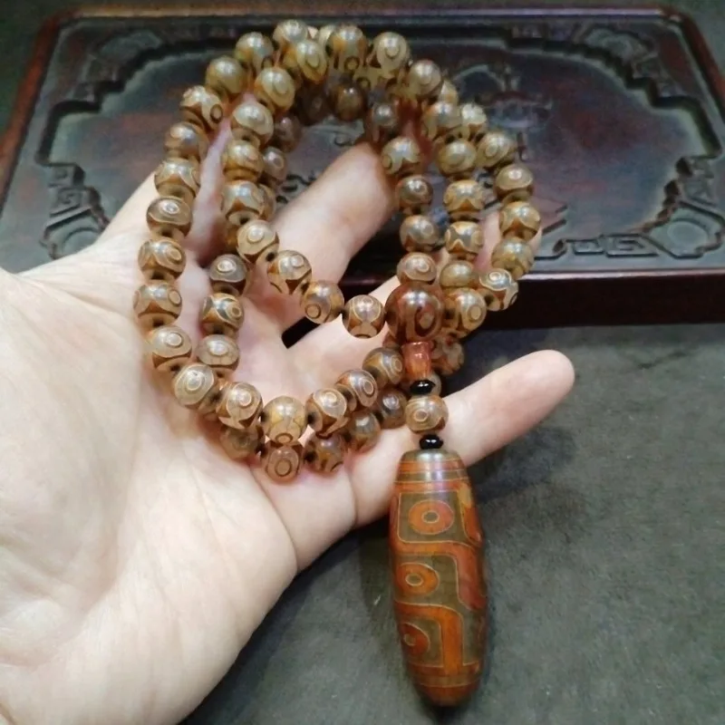 Tibetan Style Nine Eyes Dzi Bead Mala Necklace, Vintage Agate Eye Pattern Prayer Beads Boho Meditation Jewelry