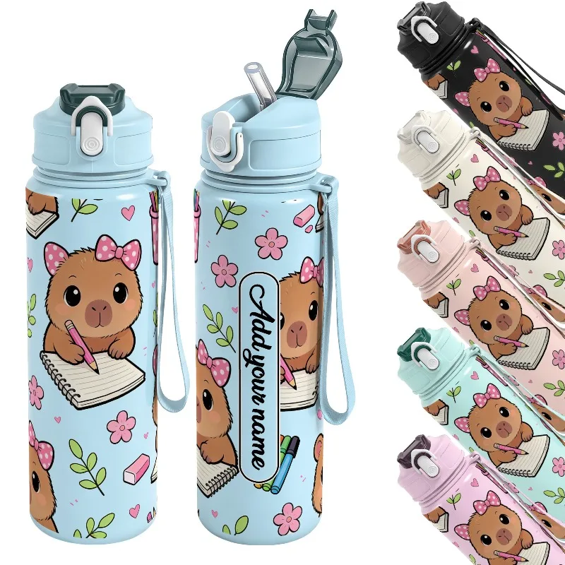750ml Custom Name Cute Capybara Pattern Leakproof Reusable Sport Water Bottle Outdoor Hiking Gift for Couples Sisters Classmates