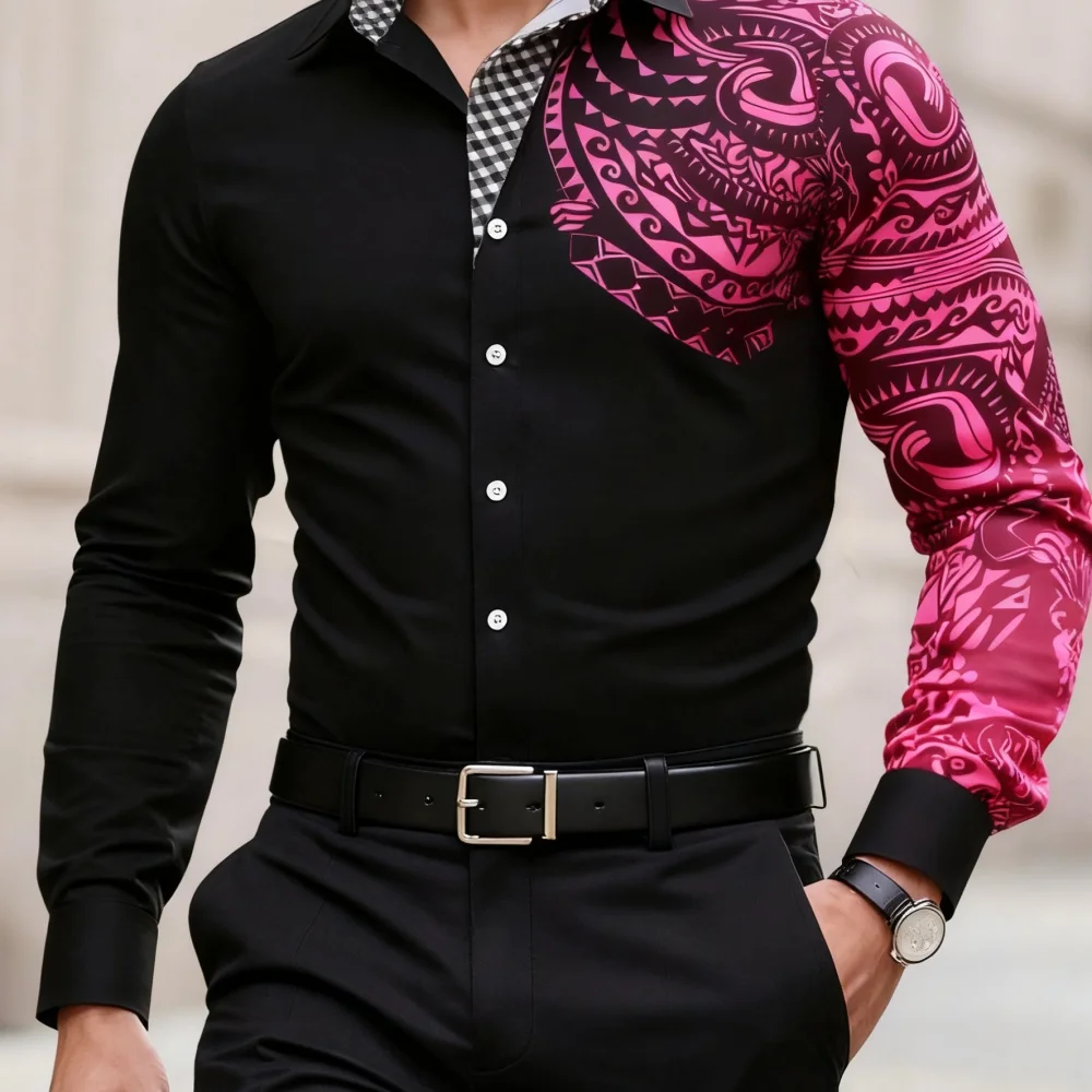 

Men's plus Size Business Casual Shirt Polynesian Totem Print Long Sleeve Lapel Fashionable Streetwear
