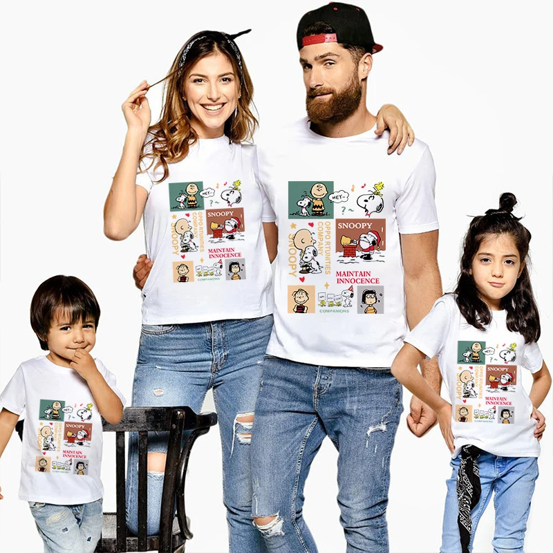 Snoopy Print T-shirt Dad and Mom Cotton Short Sleeve Family Matching Outfits White Casual Top