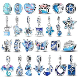 Blue Series 925 Sterling Silver Love Tree of Life Butterfly Boat Stars and Moon Octopus Charm Octopus Charm Handmade Gifts