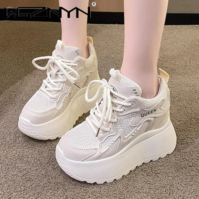 Kobiety Casual Leather Sneaker Autumn Lace up 10CM High Platform Shoes Thick Sole Sport Dad Shoes Woman Sneakers Chaussure Femme