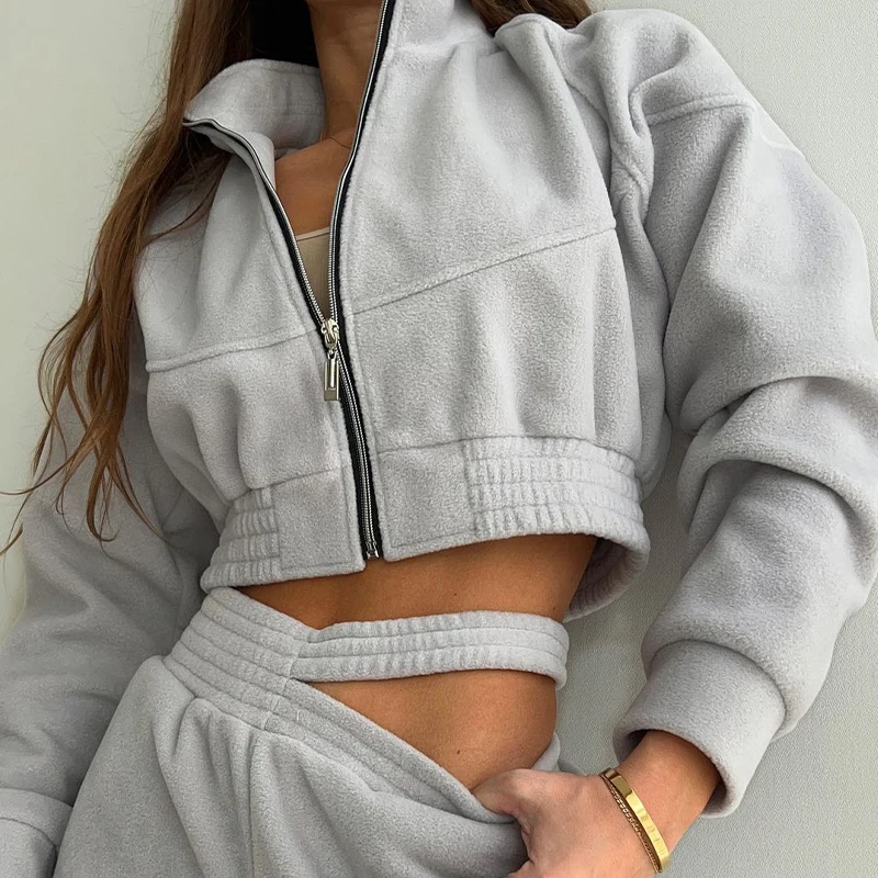 

OMSJ Sporty Two Piece Fleece Tracksuit Women Zipper Stand Collar Long-sleeved Cropped Jacket+High Waist Hollow Sweatpants Street