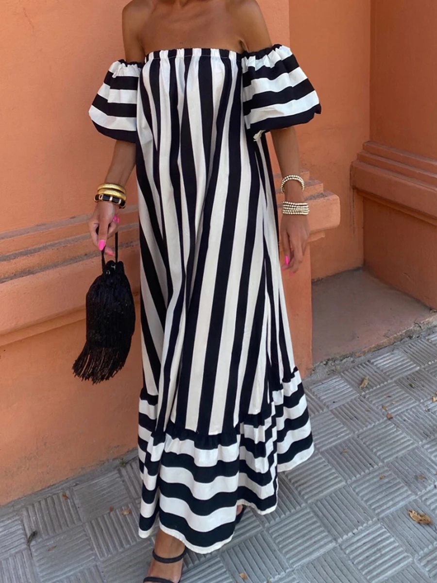 

Women Summer Long Striped Dress Short Sleeve Off Shoulder Strapless Tube Top Dresses Office Lady Party Loose Fit Maxi Sundress