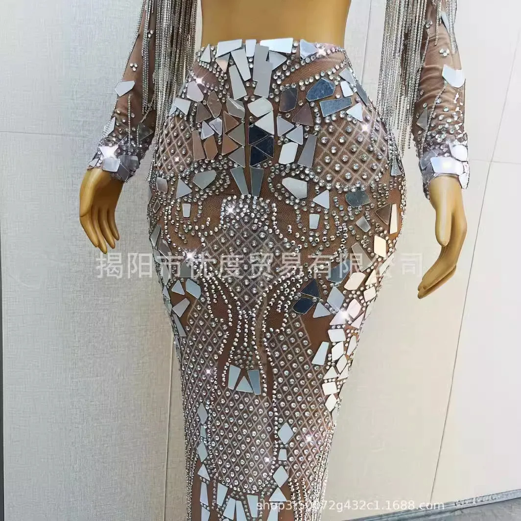 سلسلة خرز طويلة عدسة كريستال مشرق أحجار الراين اثنين فساتين أنيقة كوكتيل حفلة ليلة الأداء الملابس فستان الماس العنبر