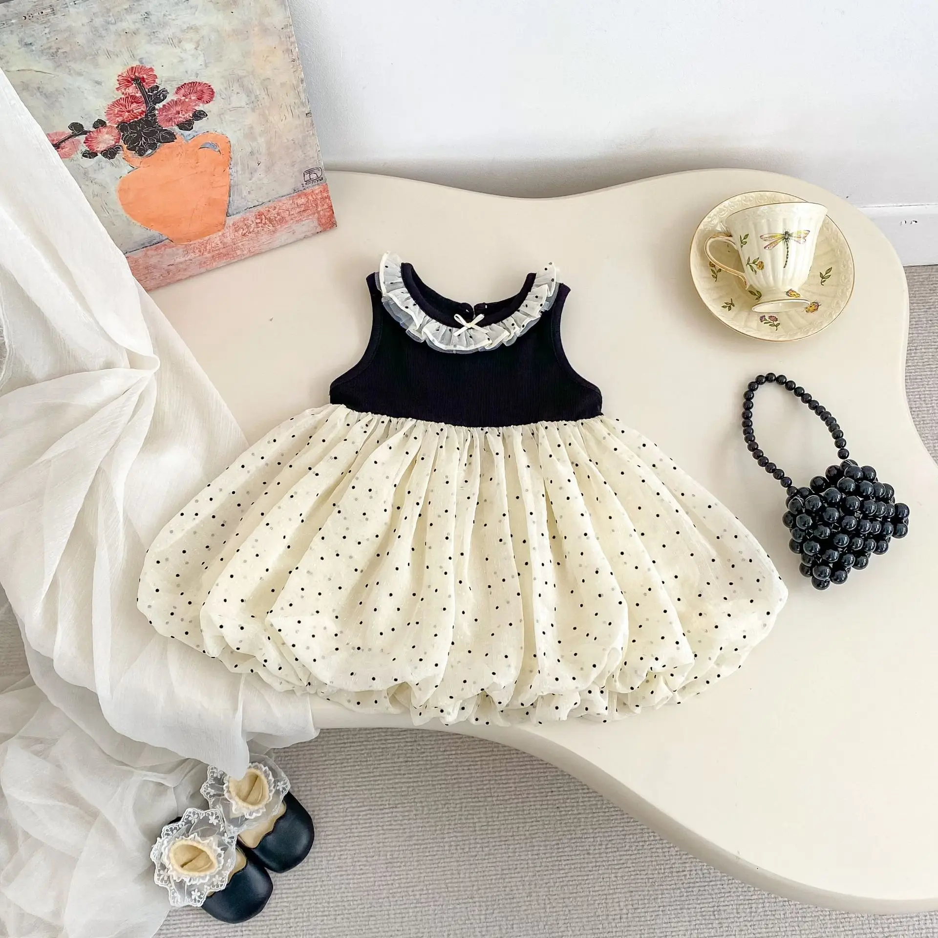 

2026 Summer New Children Sleeveless Flower Bud Dress Cotton Girls Polka Dot Dress Baby Girl Bow Princess Dress Kids Clothes