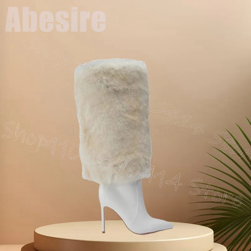 

White Fur Matte Leather Pointed Toe Boots Slip On Women Shoes Thin High Heels New Fashion Party Dating 2025 Zapatos Para Mujere