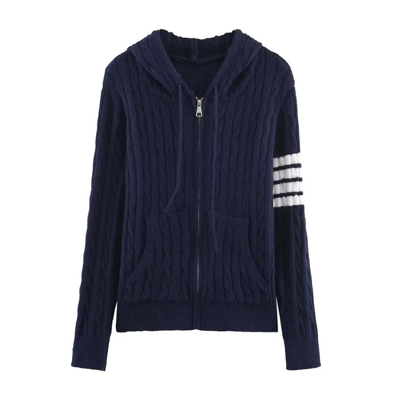 Cardigan tricoté à fleurs torsadées pour femme, pull à manches longues, cordon de serrage, capuche, fermeture éclair, Streetwear, manteau mignon