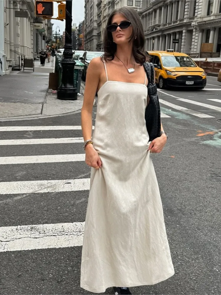 

Dresses 2025 Woman Solid Color Spaghetti Strap Simple Style Trendy Casual Backless Temperament Commuting All-match Comfortable