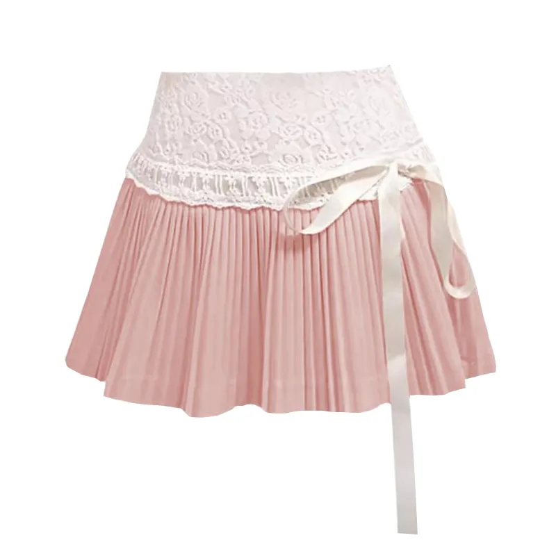 Deeptown Coquette Plooirok Vrouwen Fairycore Elegante Mini Rokken Kawaii Zoete Lace Up Boog Leuke Fanshion Zomer Korte Rok