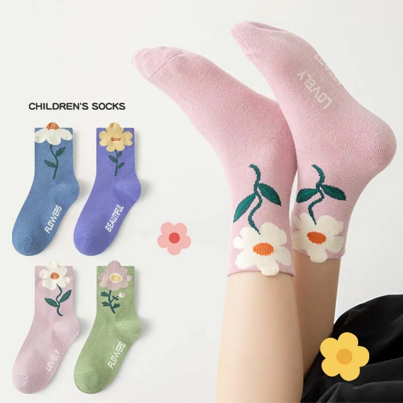 Bellbell Autumn Winter Children Girls Socks 3-12Yrs Kids Girls Floral Print Mid Tube Socks Sweet Toddler Little Girls Soft Socks