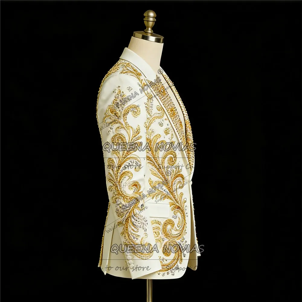 Male Fashion Rhinestones Beads Men Suits 2 Pieces Set Sparkling Tuxedos Wedding Party Attire Customized Blazer Pants Ropa Hombre