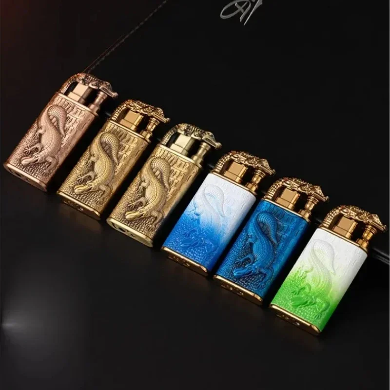 New Cool Double Flame Lighter Windproof Metal Cigarette Torch Lighter Butane Gas Jet Lighters Crocodile Dragon Men Smoking Gift