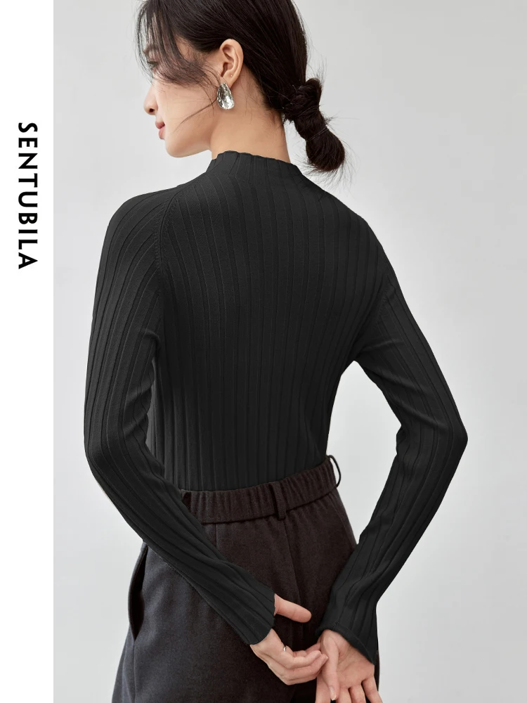 SENTUBILA Slim Fit Knitted Pullovers 2024 Autumn Soft Half Hight Collar Long Sleeve Simple Basic Comfort Women Top W43H56579