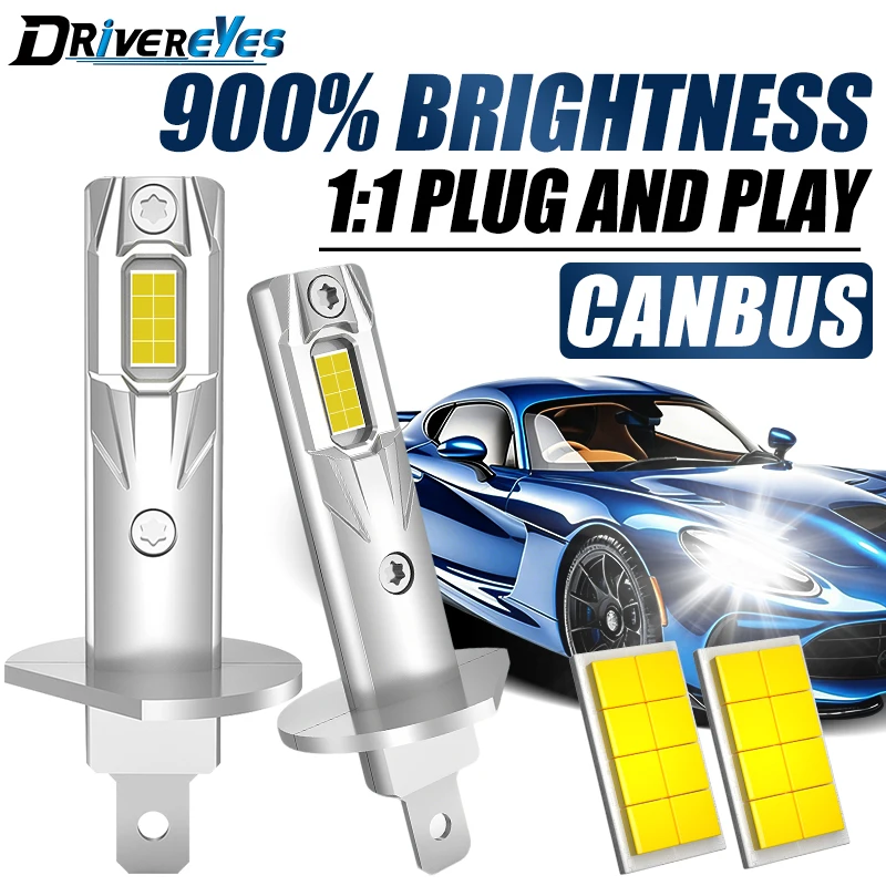 H1 LED Headlight Bulb 6000K 50W 16PCS CSP Chip H1 LED Fog Light High Low Beam Turbo Auto Light 1:1 Fanless Mini 12V +900% Bright