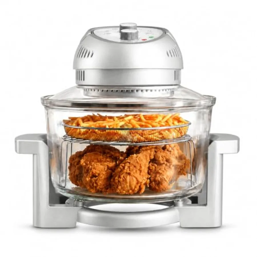 Family-sized air fryer for French fries and chicken: 16Qt glass design, non-toxic stainless steel racks, 3 cooking sections, no