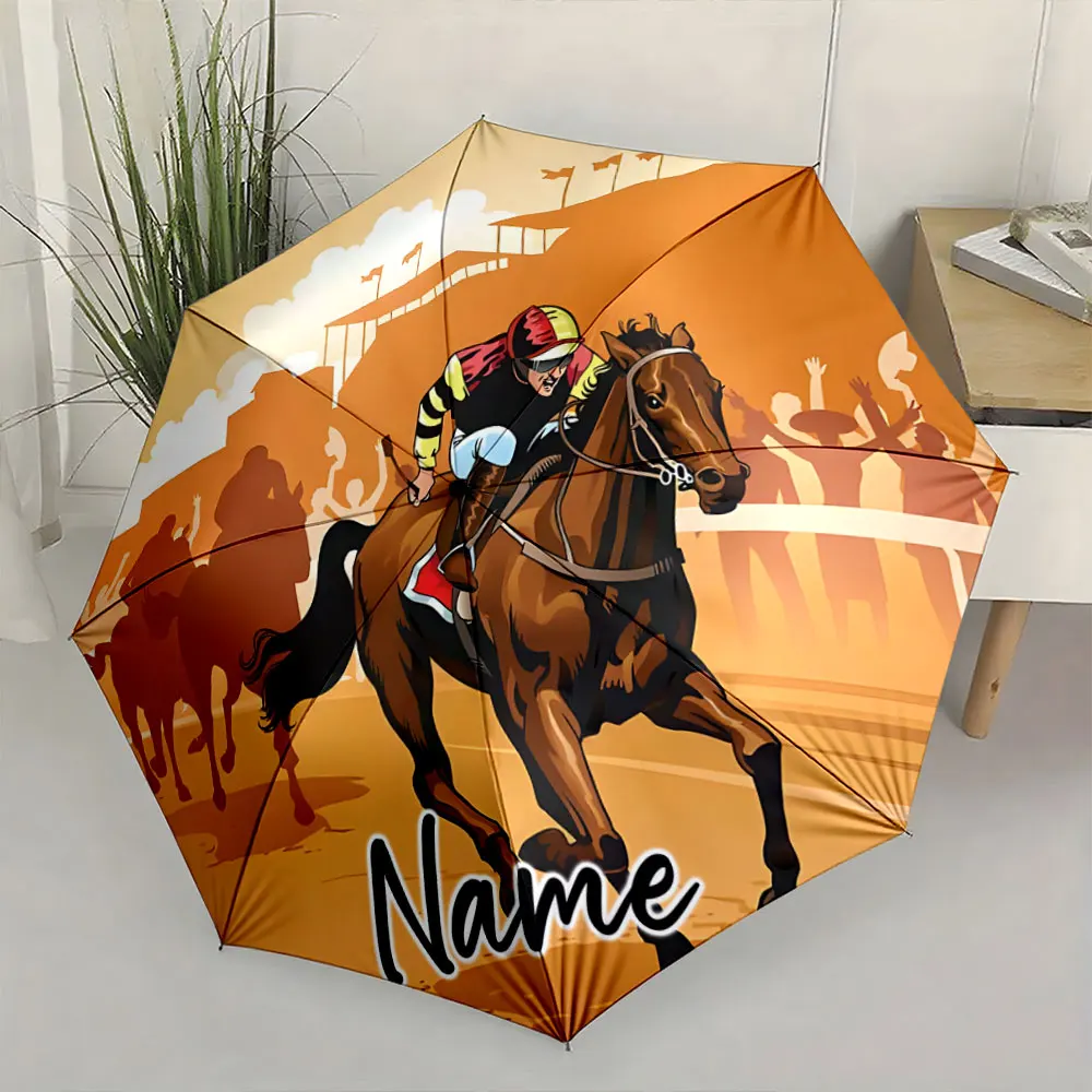 Custom Name Racing-Themed Umbrella for Horse Lovers Print 8 Iron Ribs Folding Umbrella, Auto-Open Fashion Sunshade