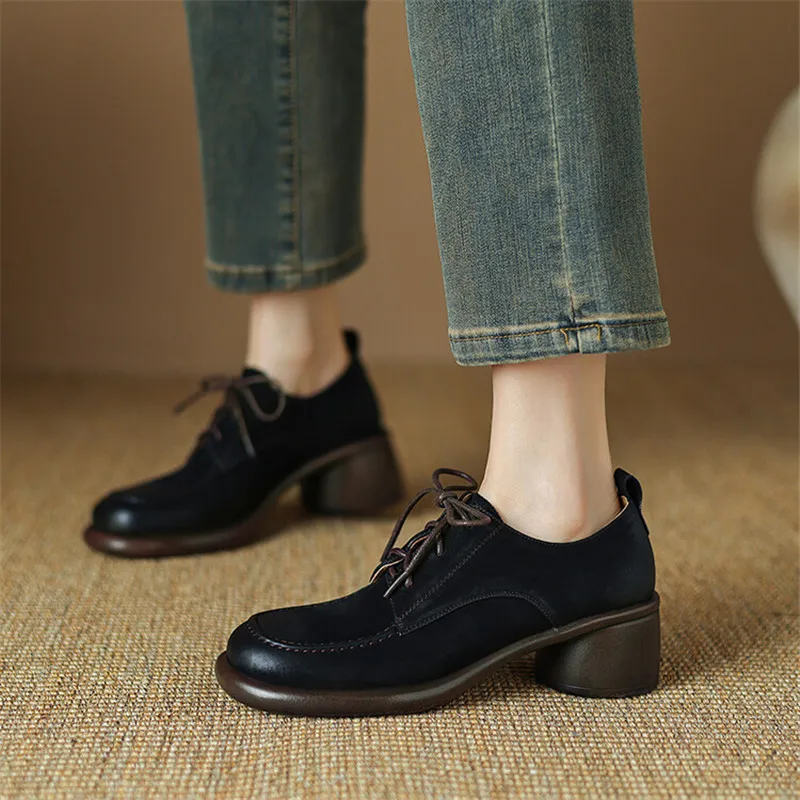 New Autumn Genuine Leather Women Pumps Fashion Round Toe Shoes for Women Chunky Heel Lace Loafers Zapatos De Mujer Women Shoes