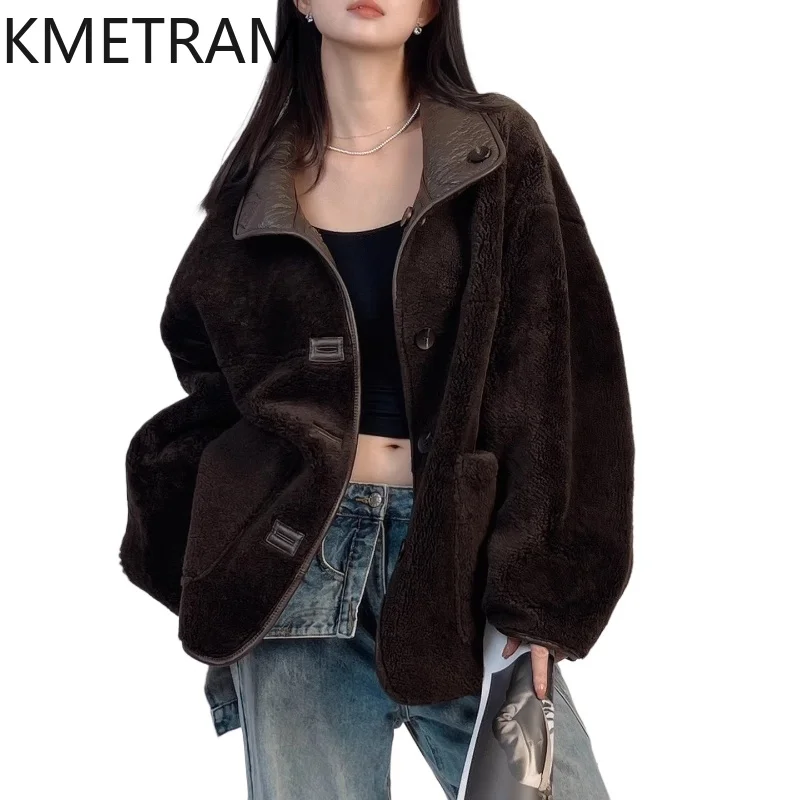 

KMETRAM Real Sheepskin with Wool Attached Jackets Dark Brown Reversible Fur Jacket Woman Clothing 2025 Winter New in Coats шуба