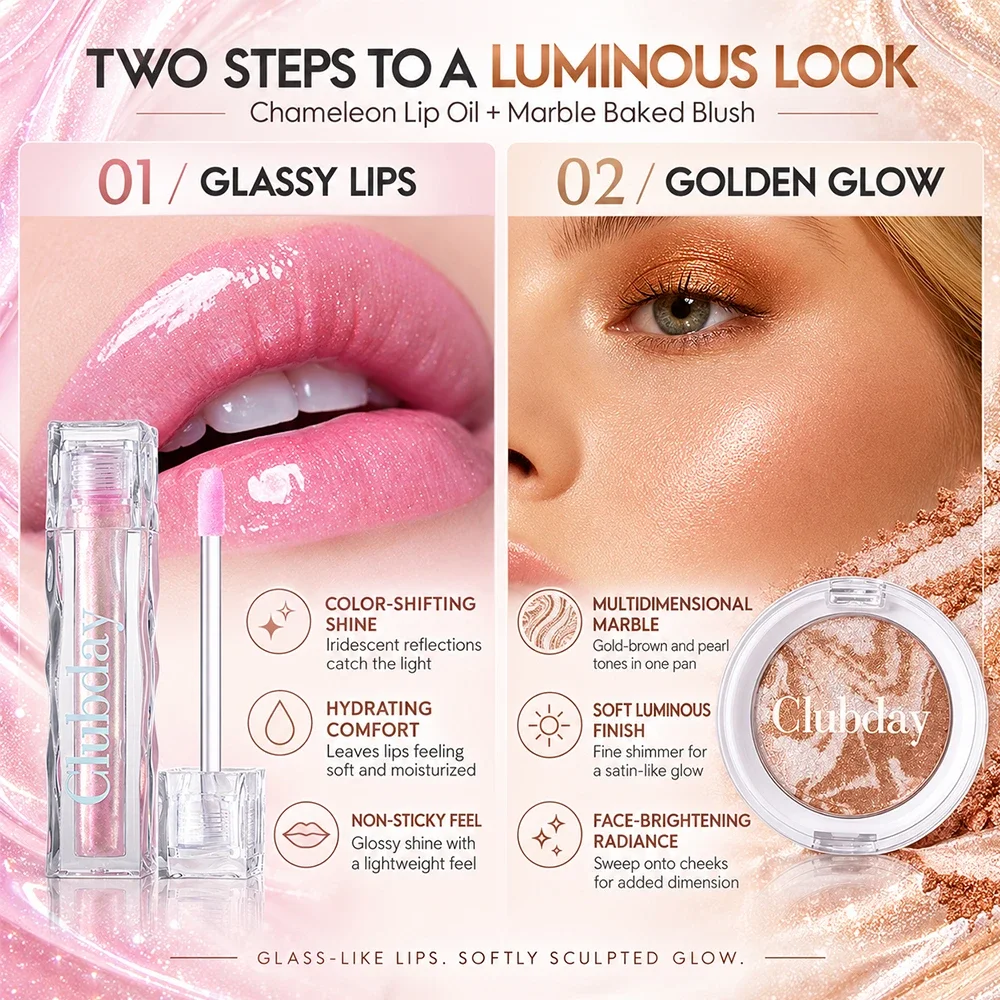 Lip Oil & Marble Baked Blush Duo, Shimmer Color Shift Lip Oil, Luminous Buildable Blush, Hydrating Lip & Cheek Makeup Set