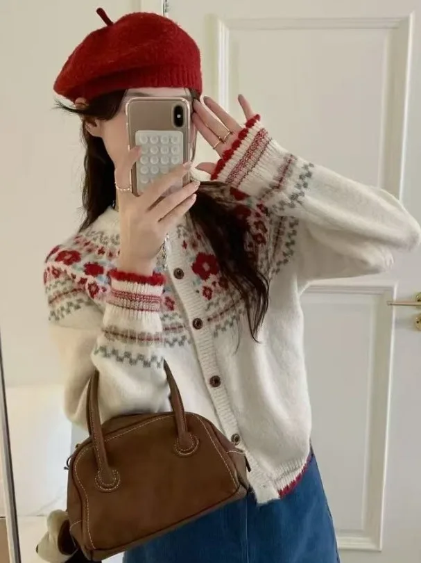 Retro koreański sweter-płaszcz damski z dzianiny, okrągły dekolt, wzór Fair Isle, zapinany na jeden guzik, dzianinowy kardigan zapobiegający starzeniu, jesień-zima N...