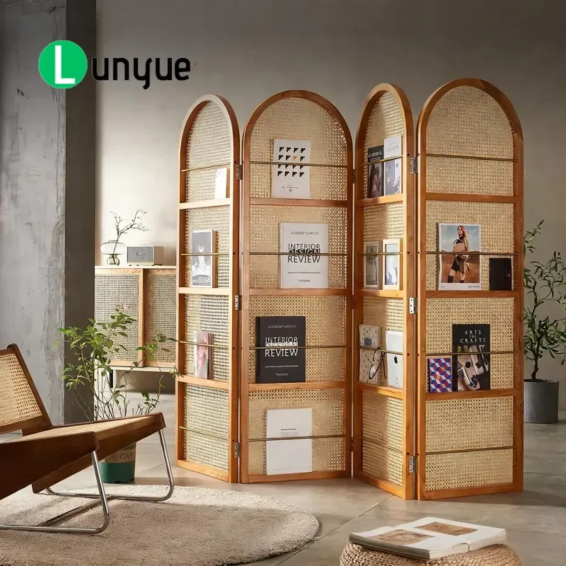 Solid Wood Rattan Modern Durable Screen Bookshelf Partition for Small Apartment Living Room Entrance Simple Sitting Area