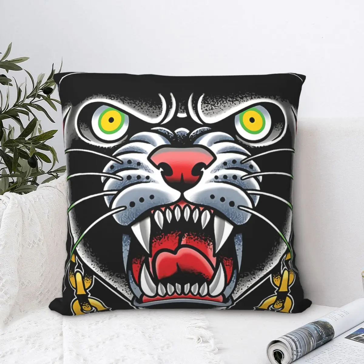 Traditional Tattoo Panther Head Illustration Throw Pillow Case Gothic Cushion For Home Sofa Chair Decorative Hug Pillowcase