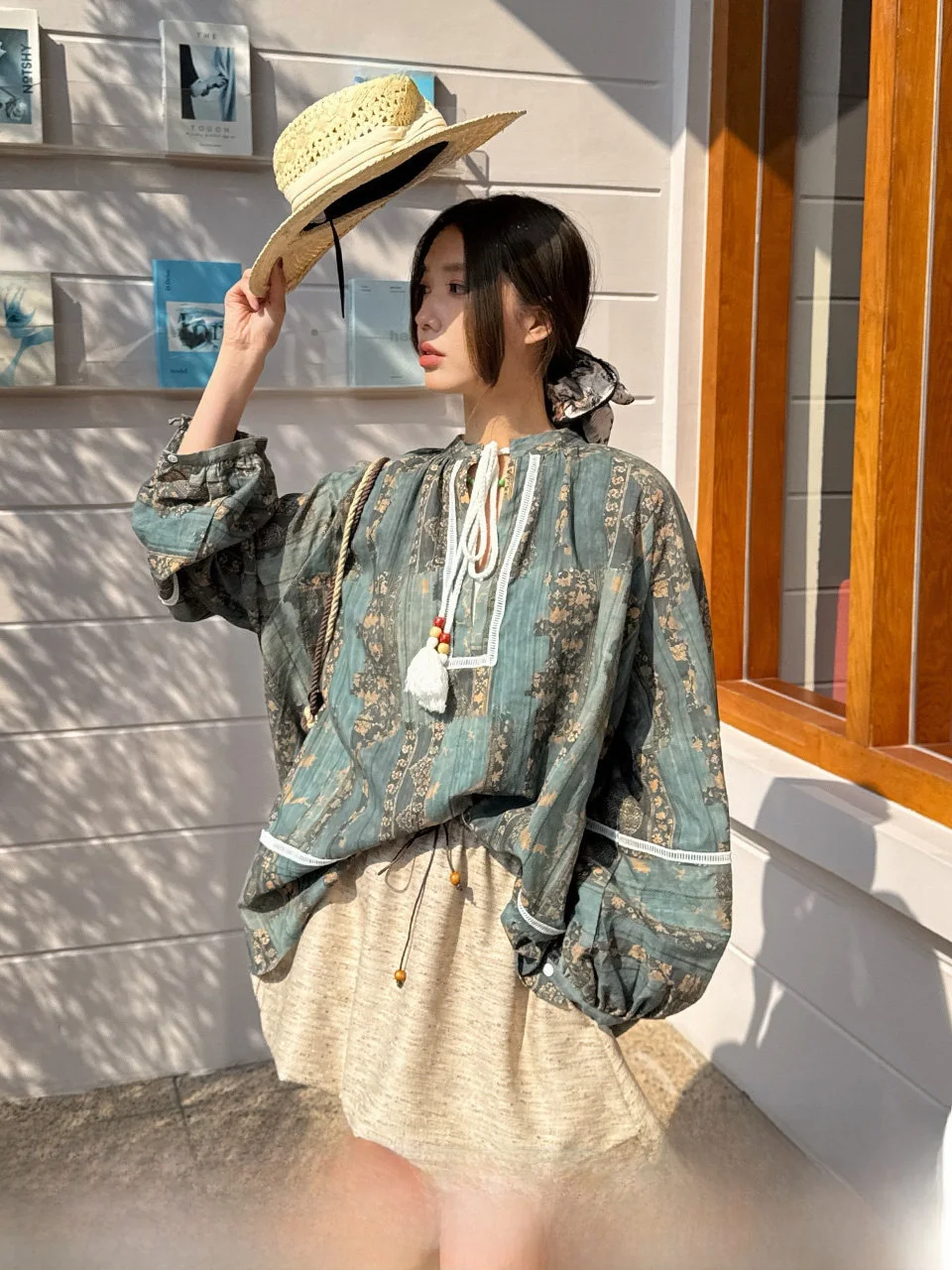 

Brand Rerek Ethnic Print Belted Shirt Loose Fit Cotton V-Neck Long Sleeve Summer 2025 Regular Length GogoBuyer