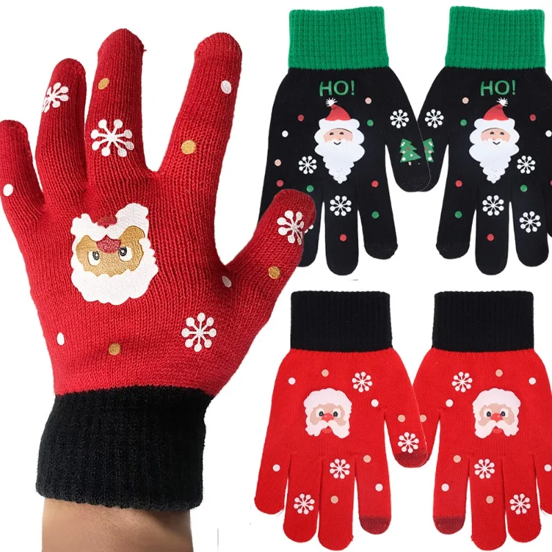 

1/4Pairs Knitted Christmas Gloves Autumn Winter Women Snowflake Santa Mittens Printing Pattern Full Finger Children Skiing Glove