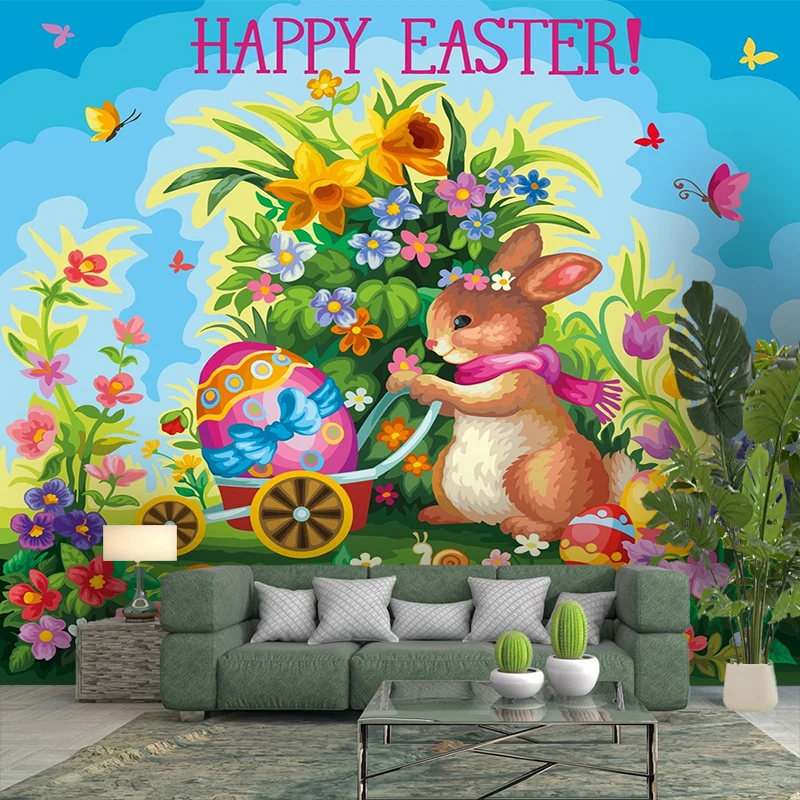 1PC Easter Bunny Cart Eggs Cartoon Art Print Backdrop Banner, Bedroom Living Room Photo Background, Polyester, Home Decor, Wall