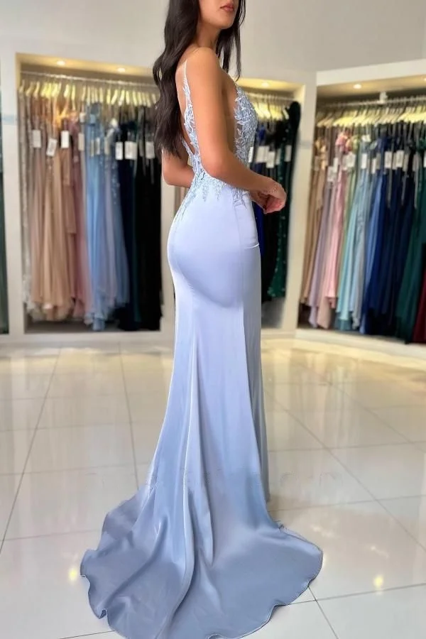 Elegant Woman Gala Dresses Long Mermaid V-Neck Spaghetti Strapless Sleeveless Satin Lace Prom Dresses with Slit Evening Gowns