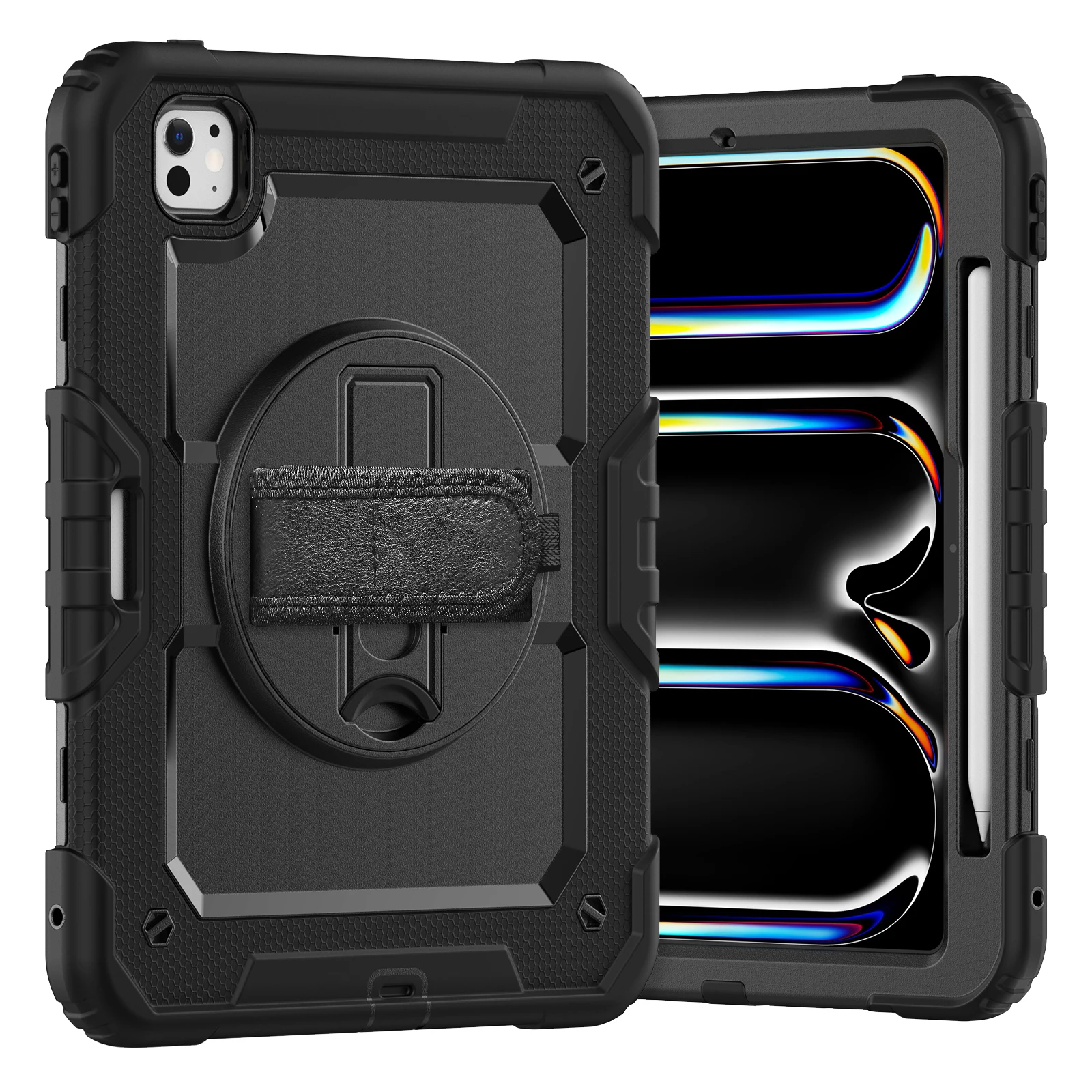 for iPad Pro11 M4 A2836 2024 , Military Grade Shockproof Protector Silicone Cover Pencil Holder+Handle Shoulder Strap