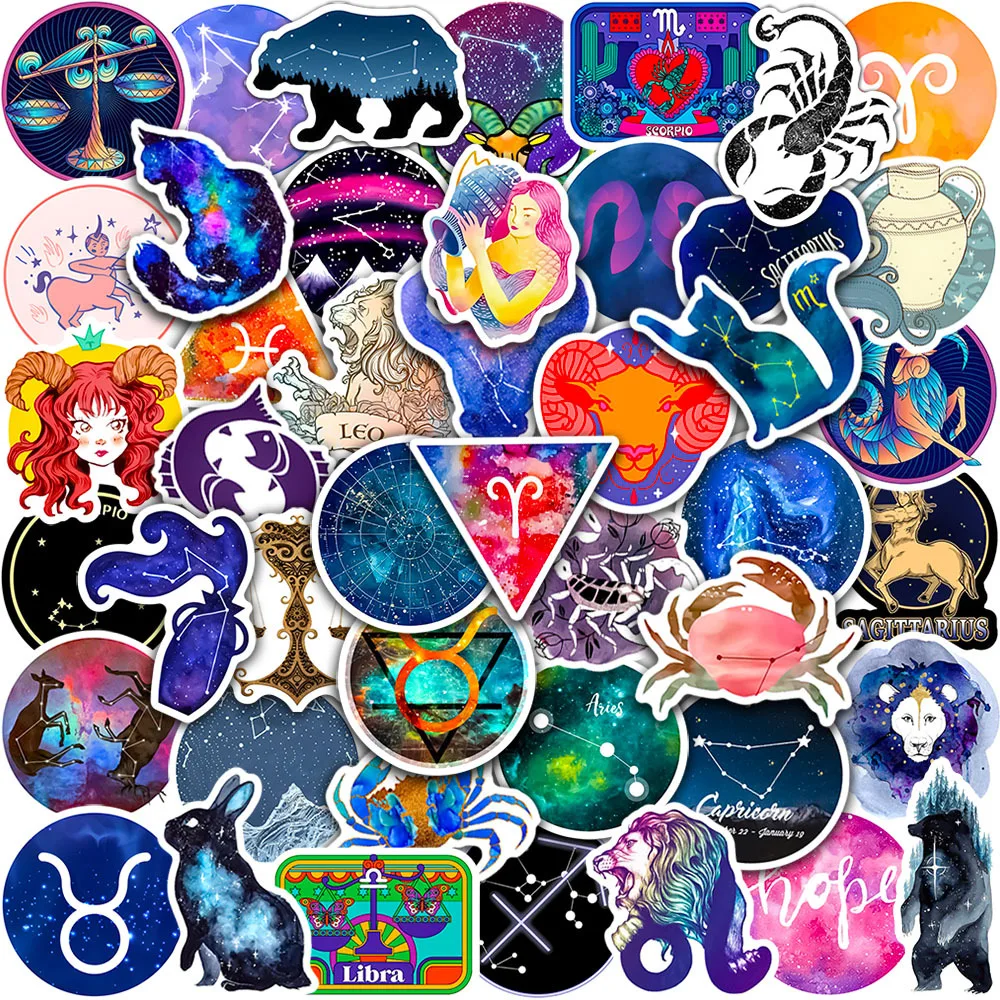 50 Stück Zwölf Sternzeichen Cartoon-Aufkleber Ästhetische Graffiti-Sticker für Wasserflaschen, Koffer, Handys, Dekorationen und Spielzeug