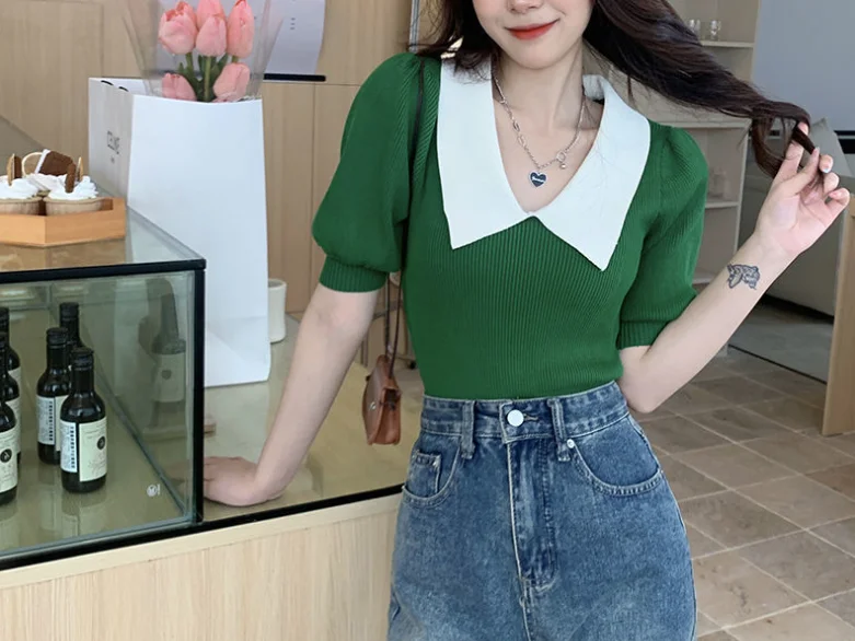 Spring/Summer New Color Contrast Splicing Turn-down Collar Slim Fit Short Sleeve Knitted T-shirt For Women,8 Colors