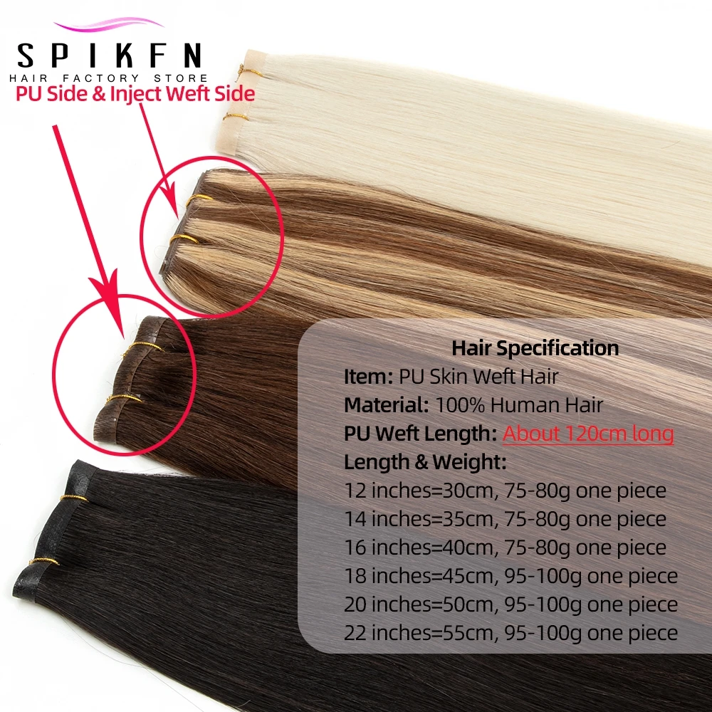 SPIKFN Long Tape Weft Hair Extensions 12"-22" Thin PU Skin Weft Human Hair Weaves Natural Straight Invisible Hair Bundle No Glue