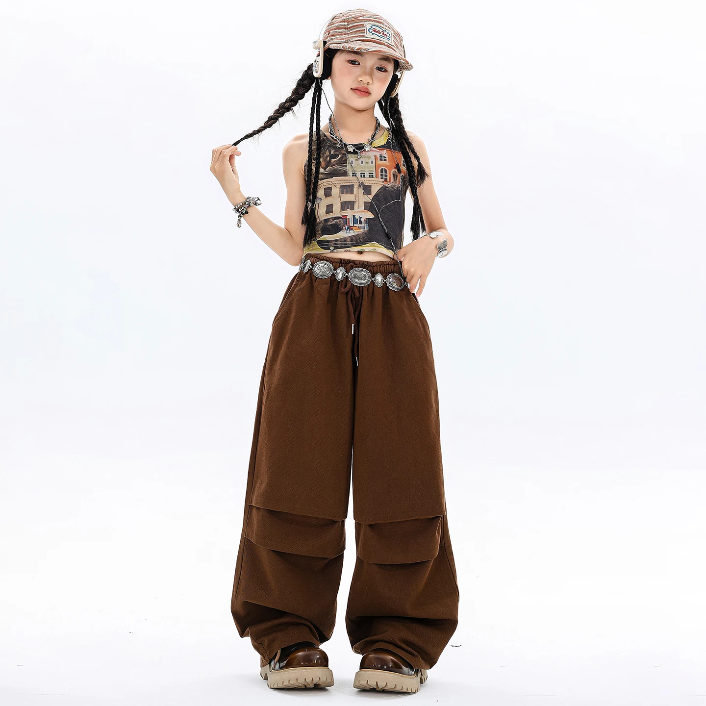 Mädchen Hip Hop Crop Tops Braune Jeans Kinder K-Pop Kleidung Stufenröcke Street Dance Kleidung Sets Kinder Mädchen Gruppe Kostüme