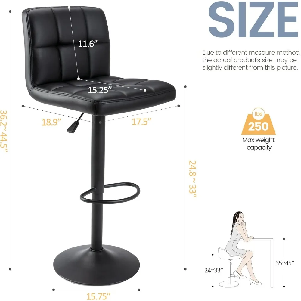 Leather Square Bar Stools, Modern Adjustable Swivel Barstools with Back, Armless Airlift Counter Height
