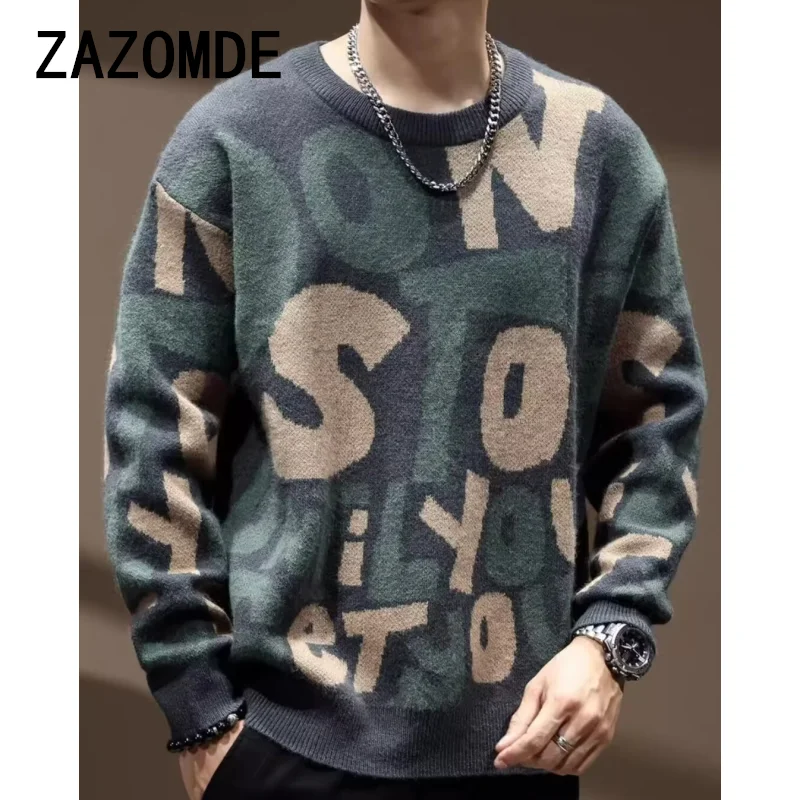 ZAZOMDE Vintage Letter Men Knitwear Sweater Autumn Korean Casual Top O-Neck Large Fashion Sweetwear Men Sweater 2025 New Couples