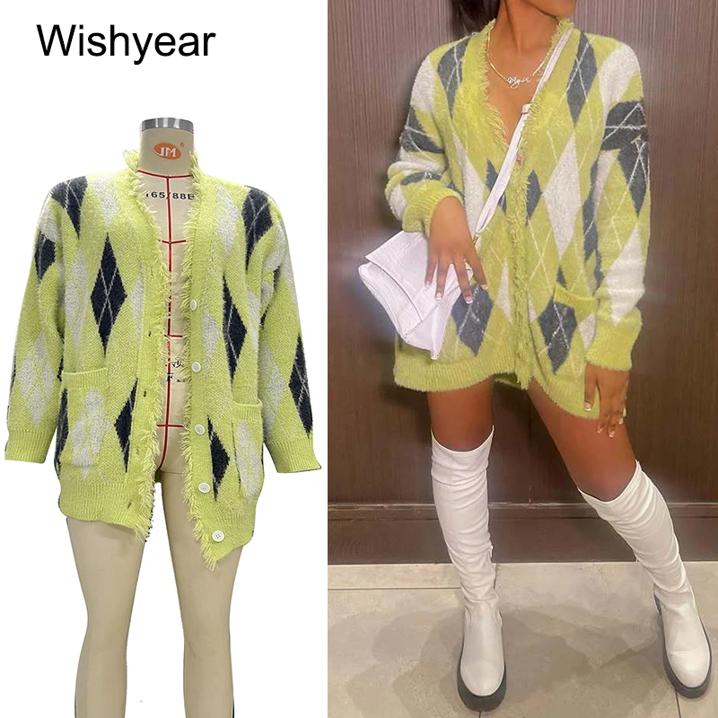 

Women's V Neck Long Sleeve Cardigan Knitted Sweater Casual Autumn Winter Single Breasted Elegant Outfit with Grid Petchwork