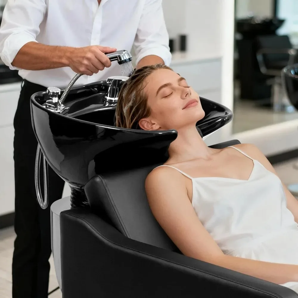 Shampoo Backwash Barber Chair – Ceramic Hair Wash Bowl Sink, Adjustable Leg Baffle & Reclining Feature for Salon​