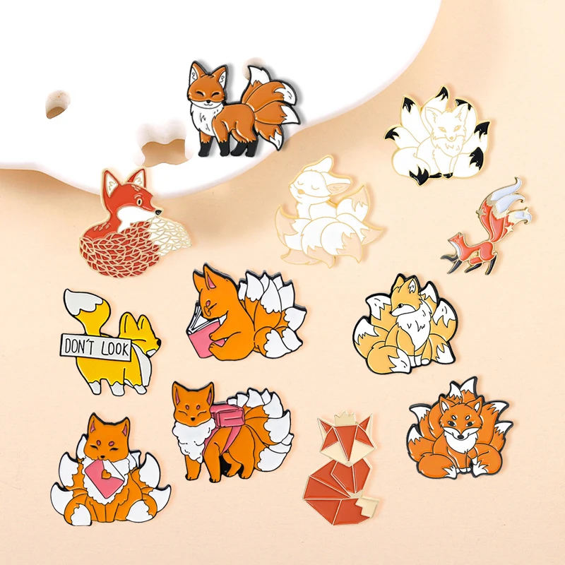 Creative Trendy Cartoon Nine-Tailed Fox Badge Cute Love Envelope Bag Animal Enamel Brooch Pins Fun Lapel Jewelry Gift For Women