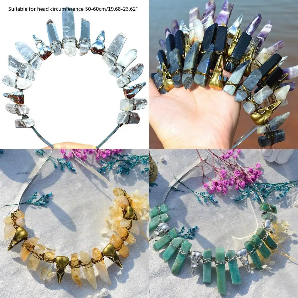 

R1WE Tribal Metal Viking Crow Jewelry Headband Bohemian Clear for Raw Crystal Crown Hairband Gothic Witch Headdr