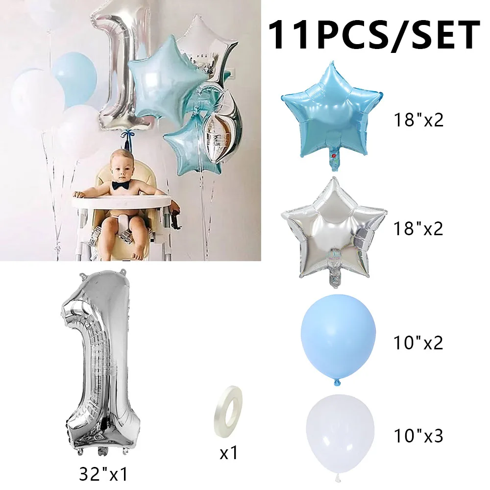 11pcs Silver Number Star Foil Balloons Happy Birthday Party Decorations Kids Boy 1 2 3 4 5 6 7 8 9 Year Old Anniversary Supplies