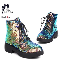 Women Autumn Winter Short Boots 2024 Trend Comfort Casual Hip-Hop Dance Shoes With Sequin Club Party Woman Lace-up Ankle Boots