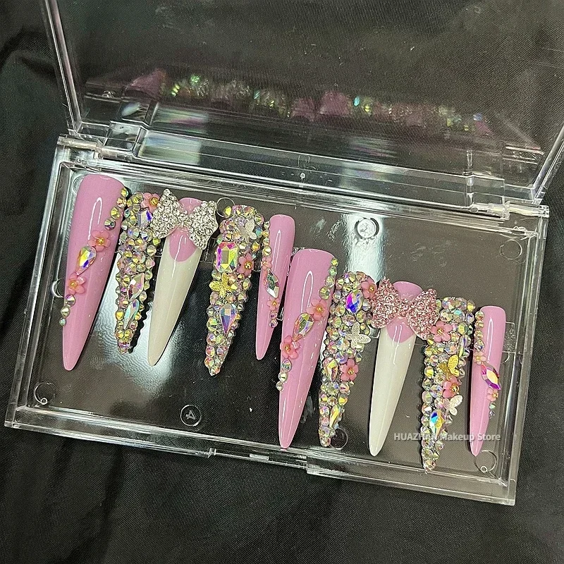 Customized French Style XXXL Long Stiletto Press On Nails Handmade Bling Rhinestone False Nail Tips Reusable Fake Nail With Glue
