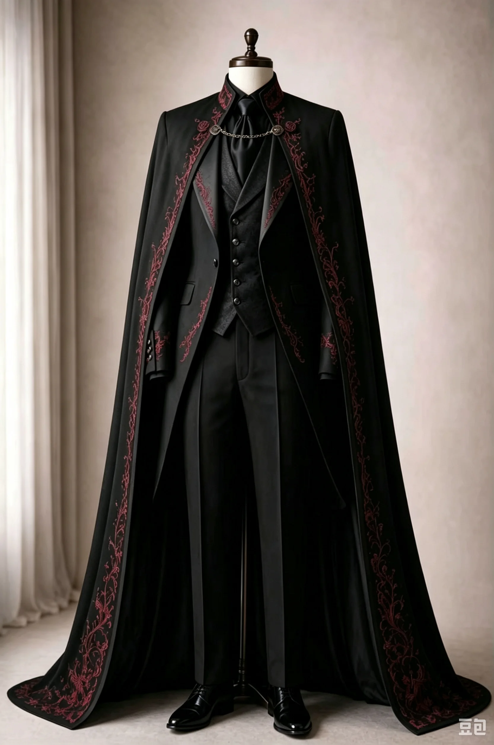 Stunning Men's 4-Piece Suit Cape Red Embroidery Tailcoat Blazer Vest Trousers Formal Gothic Evening Wedding Attire Customized image 2
